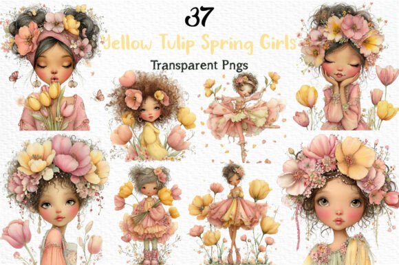 Download Yellow Tulip Spring Girls Clipart PNG - Spring girls Collection