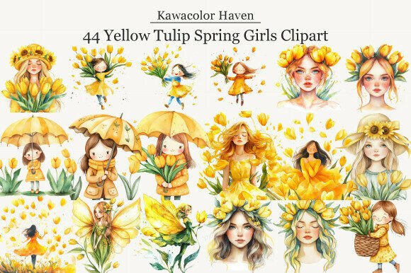 Download Yellow Tulip Spring Girls Clipart - Spring girls Collection