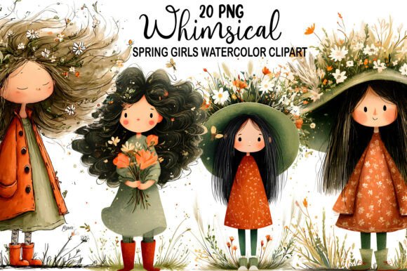 Download Whimsical Spring Girls Watercol Clipart - Spring girls Collection